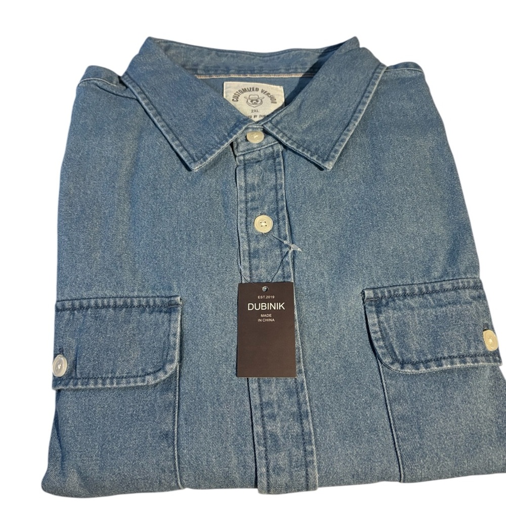 NWT Dubinik Men's Light Blue Denim Long Sleeve Shirt - Size 2XL - Two Pocket - Picture 2 of 4